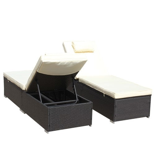 3-Piece Outdoor Patio Furniture Set Chaise Lounge, Patio Reclining Rattan
