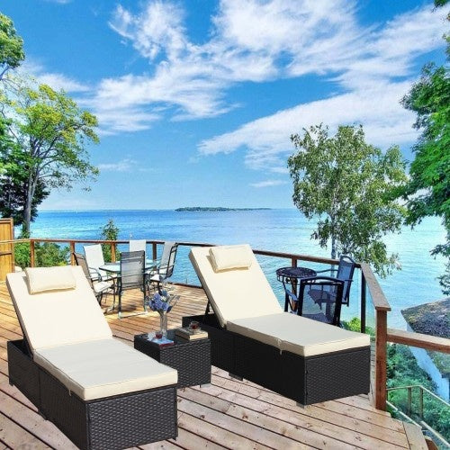 3-Piece Outdoor Patio Furniture Set Chaise Lounge, Patio Reclining Rattan