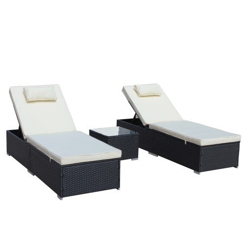 3-Piece Outdoor Patio Furniture Set Chaise Lounge, Patio Reclining Rattan