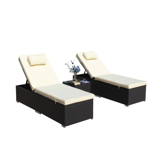 3-Piece Outdoor Patio Furniture Set Chaise Lounge, Patio Reclining Rattan