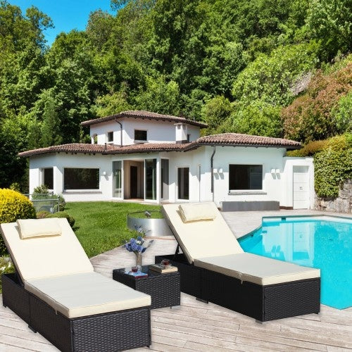 3-Piece Outdoor Patio Furniture Set Chaise Lounge, Patio Reclining Rattan