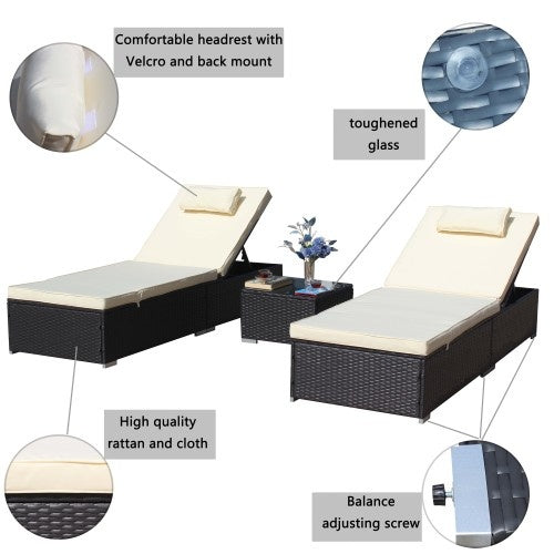 3-Piece Outdoor Patio Furniture Set Chaise Lounge, Patio Reclining Rattan