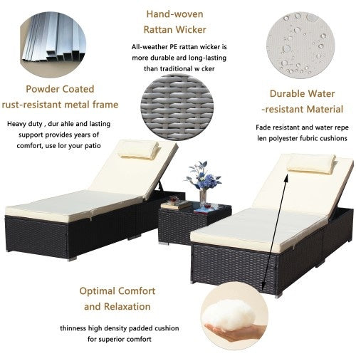 3-Piece Outdoor Patio Furniture Set Chaise Lounge, Patio Reclining Rattan