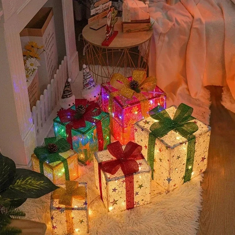 3PCS Christmas Gift Box Christmas Decor Luminous Bow Holiday