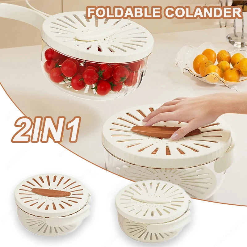 Fruit Drain Basket With Lid Vegetable Washing Bowl Foldable