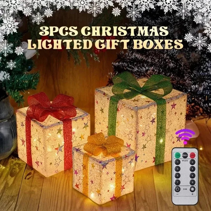 3PCS Christmas Gift Box Christmas Decor Luminous Bow Holiday