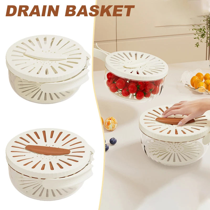 Fruit Drain Basket With Lid Vegetable Washing Bowl Foldable