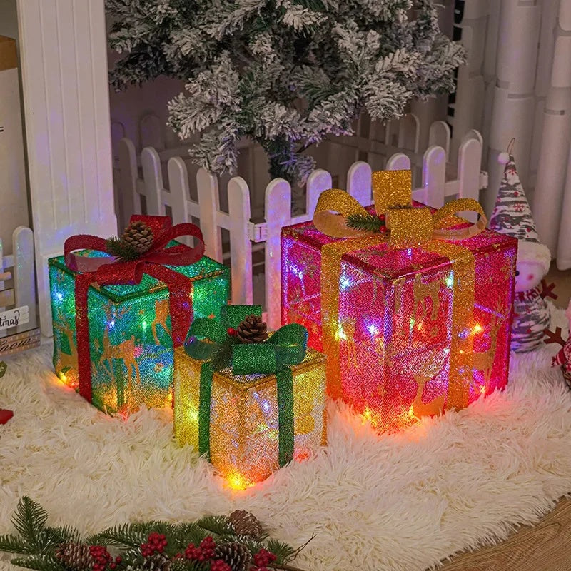 3PCS Christmas Gift Box Christmas Decor Luminous Bow Holiday