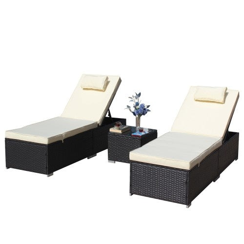 3-Piece Outdoor Patio Furniture Set Chaise Lounge, Patio Reclining Rattan